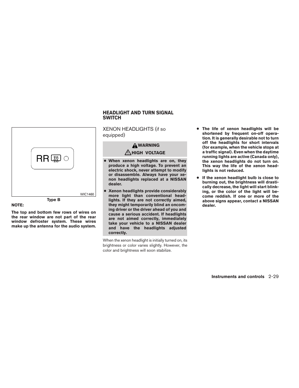 Headlight and turn signal switch -29, Xenon headlights (if so equipped) -29 | NISSAN 2013 Altima Coupe - Owner's Manual User Manual | Page 100 / 414