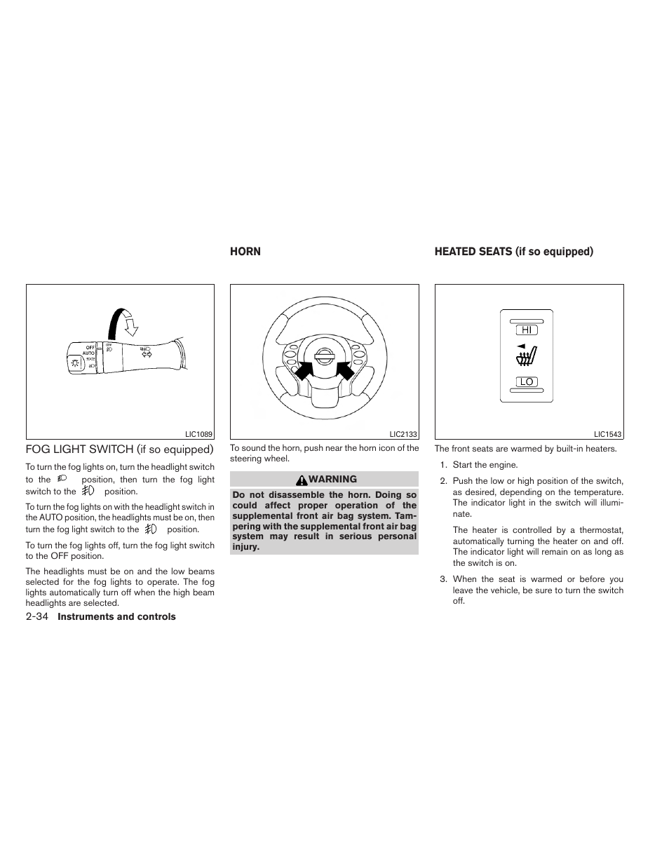 Fog light switch (if so equipped) -34, Horn -34 heated seats (if so equipped) -34 | NISSAN 2013 Altima Coupe - Owner's Manual User Manual | Page 105 / 414