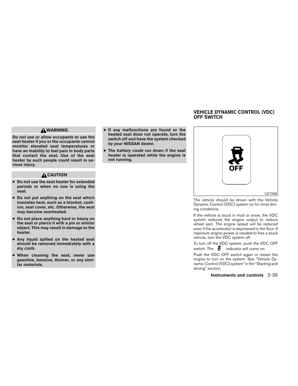 Vehicle dynamic control (vdc) off switch -35 | NISSAN 2013 Altima Coupe - Owner's Manual User Manual | Page 106 / 414