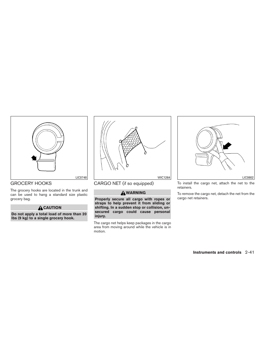 Grocery hooks -41 cargo net (if so equipped) -41 | NISSAN 2013 Altima Coupe - Owner's Manual User Manual | Page 112 / 414