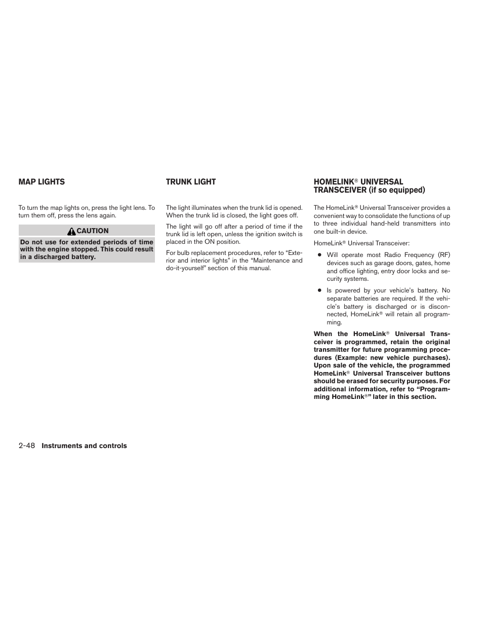 Map lights -48 trunk light -48 homelink, Universal transceiver (if so equipped) -48 | NISSAN 2013 Altima Coupe - Owner's Manual User Manual | Page 119 / 414