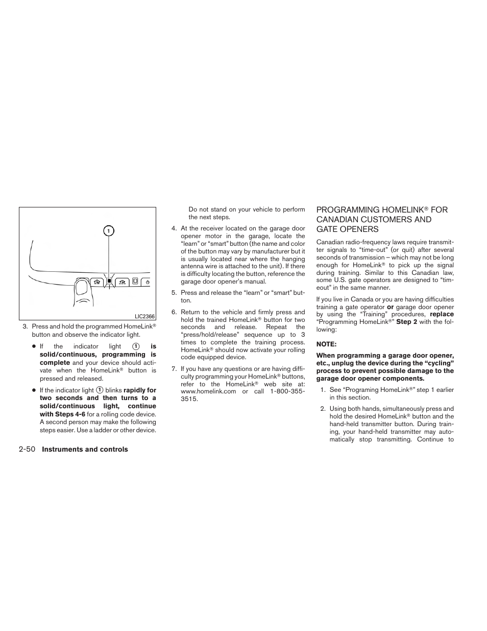 Programming homelink, For canadian, Customers and gate openers -50 | NISSAN 2013 Altima Coupe - Owner's Manual User Manual | Page 121 / 414