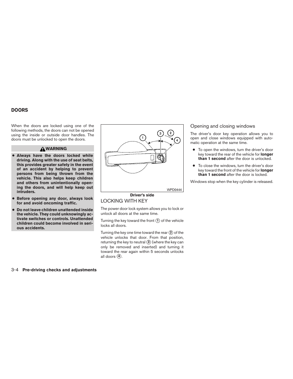 Doors -4, Locking with key -4 | NISSAN 2013 Altima Coupe - Owner's Manual User Manual | Page 127 / 414