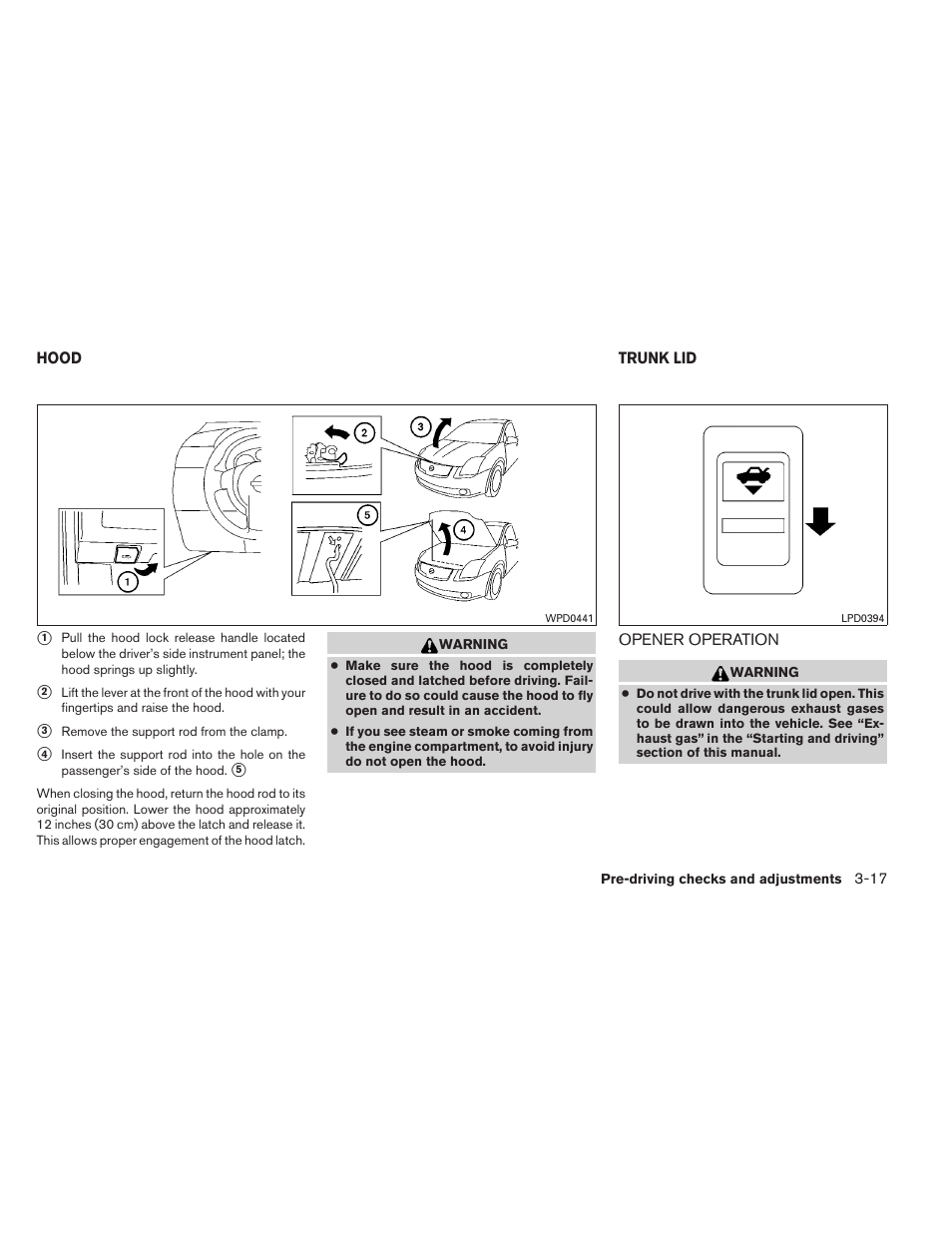 Hood -17, Trunk lid -17, Opener operation -17 | NISSAN 2013 Altima Coupe - Owner's Manual User Manual | Page 140 / 414