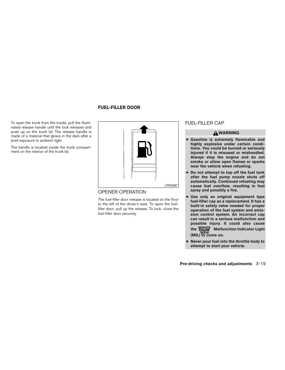 Fuel-filler door -19, Opener operation -19 fuel-filler cap -19 | NISSAN 2013 Altima Coupe - Owner's Manual User Manual | Page 142 / 414