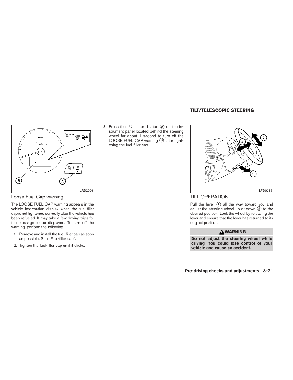 Tilt/telescopic steering -21, Tilt operation -21 | NISSAN 2013 Altima Coupe - Owner's Manual User Manual | Page 144 / 414