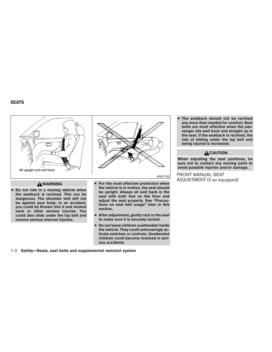 Seats -2, Front manual seat adjustment (if so equipped) -2 | NISSAN 2013 Altima Coupe - Owner's Manual User Manual | Page 19 / 414