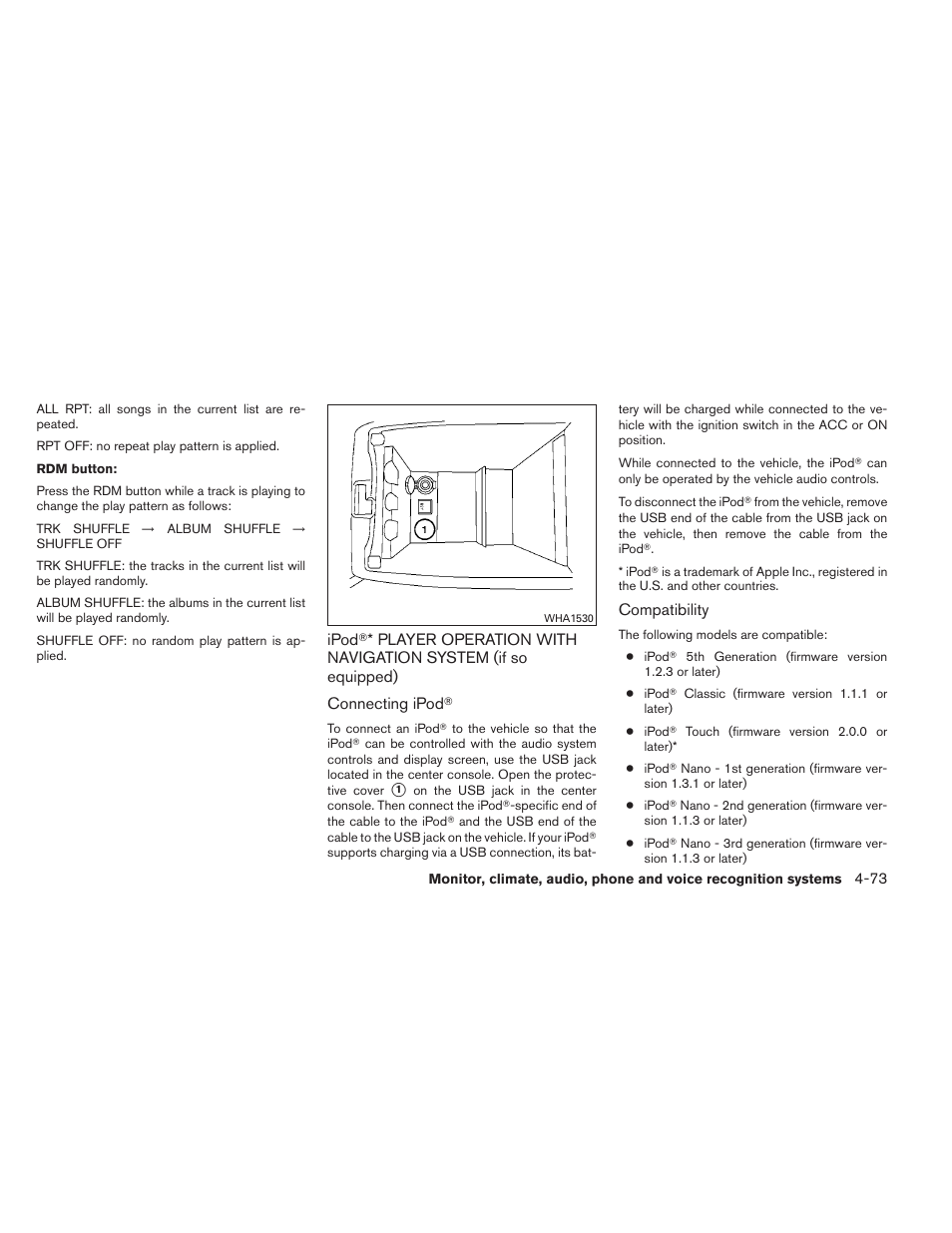 Ipod, Player operation with navigation, System (if so equipped) -73 | NISSAN 2013 Altima Coupe - Owner's Manual User Manual | Page 222 / 414