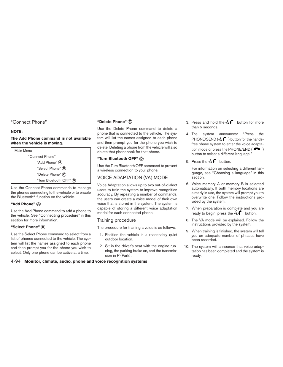 Voice adaptation (va) mode -94 | NISSAN 2013 Altima Coupe - Owner's Manual User Manual | Page 243 / 414