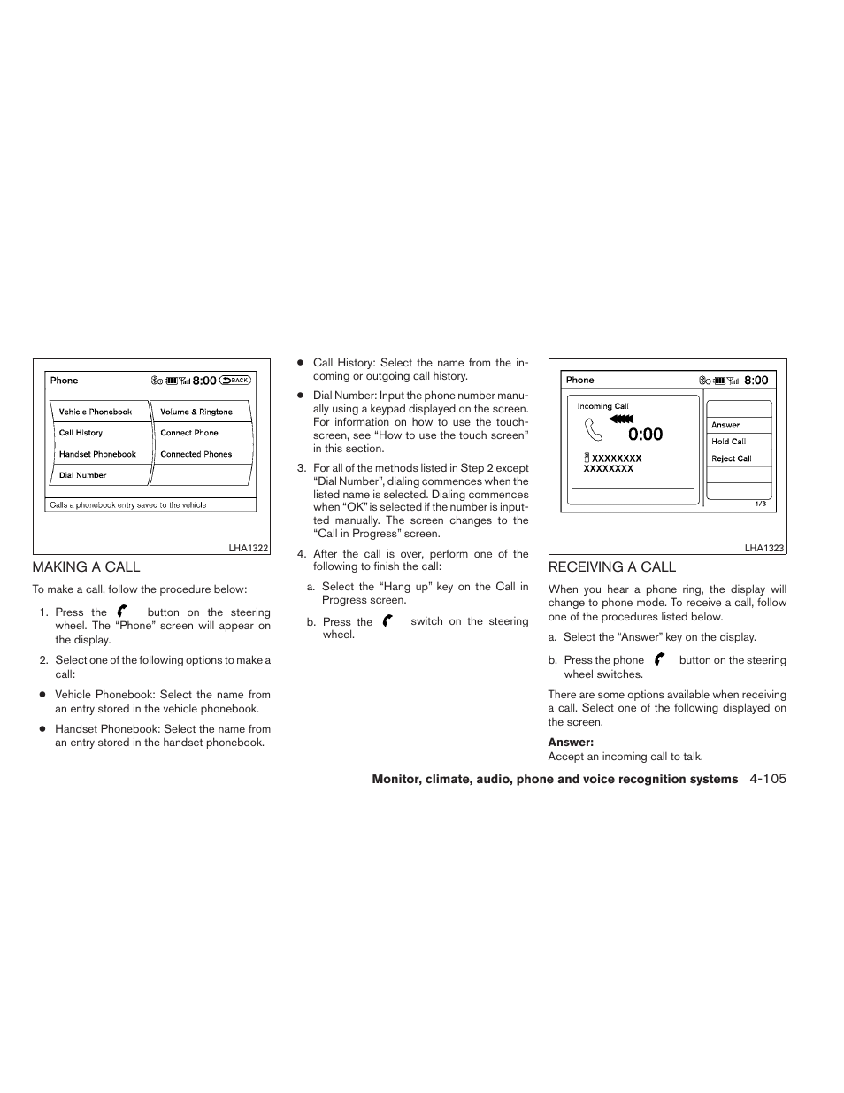 Making a call -105 receiving a call -105 | NISSAN 2013 Altima Coupe - Owner's Manual User Manual | Page 254 / 414