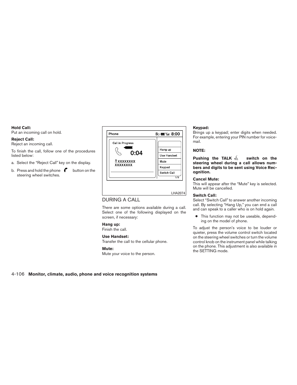 During a call -106 | NISSAN 2013 Altima Coupe - Owner's Manual User Manual | Page 255 / 414