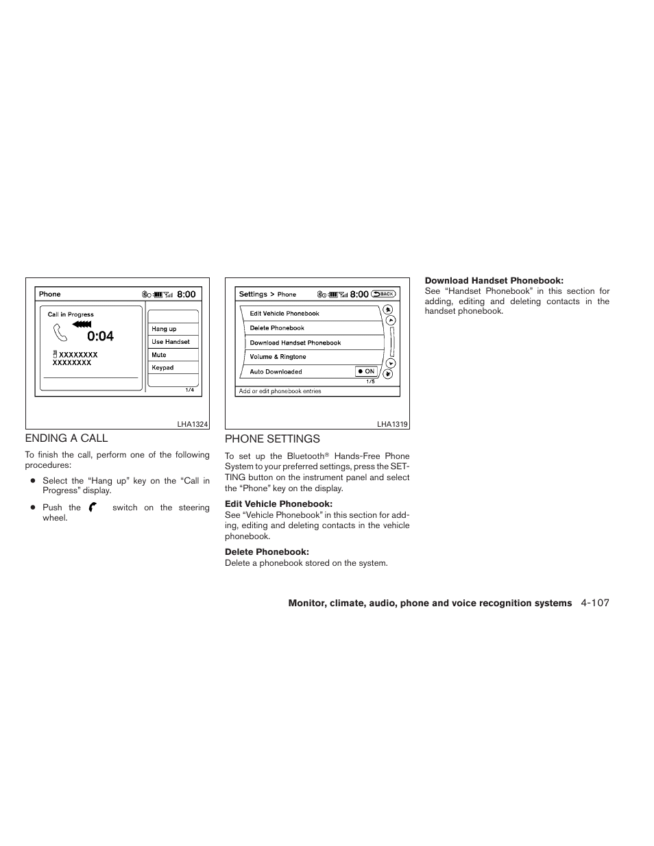 Ending a call -107 phone settings -107 | NISSAN 2013 Altima Coupe - Owner's Manual User Manual | Page 256 / 414