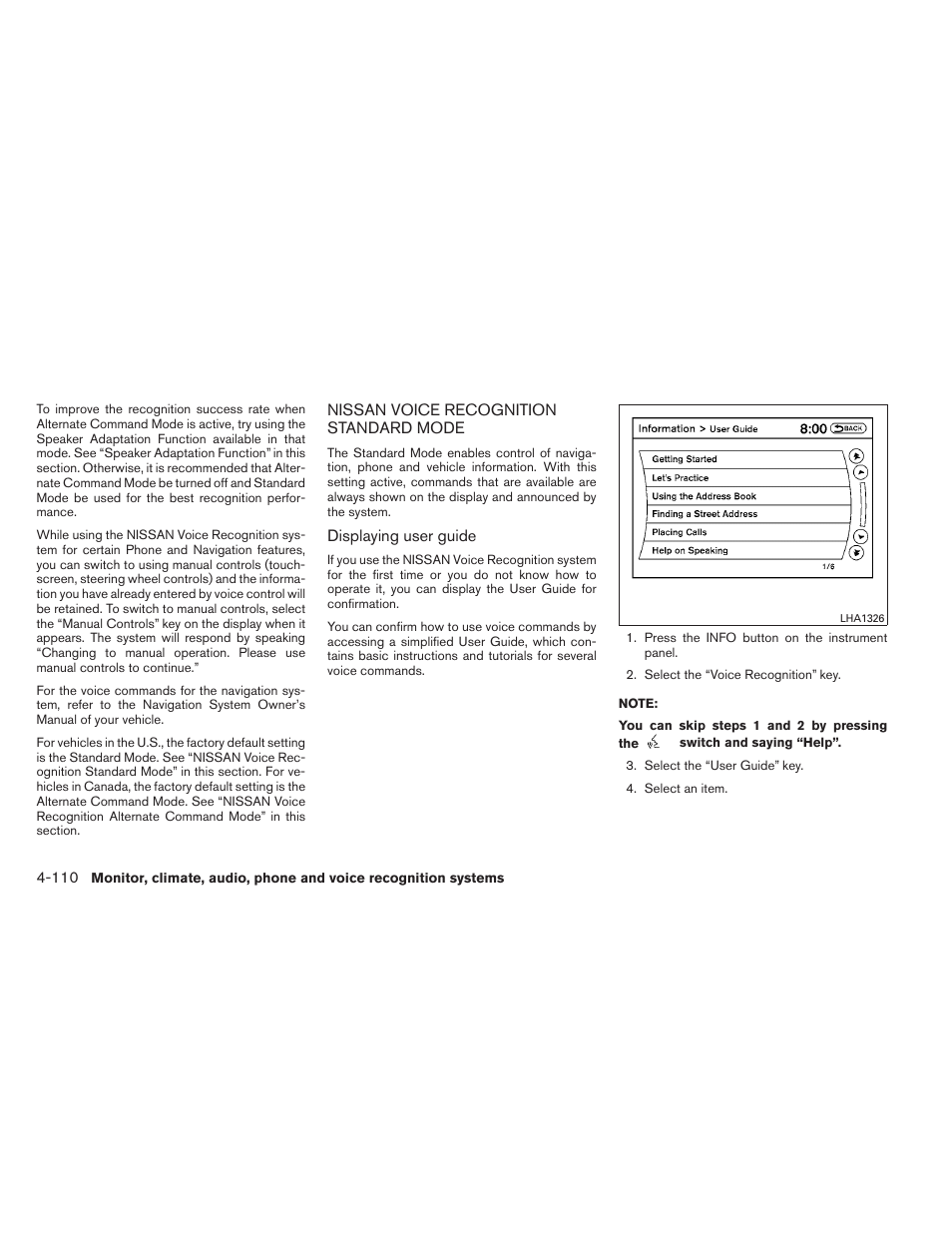 Nissan voice recognition standard mode -110 | NISSAN 2013 Altima Coupe - Owner's Manual User Manual | Page 259 / 414