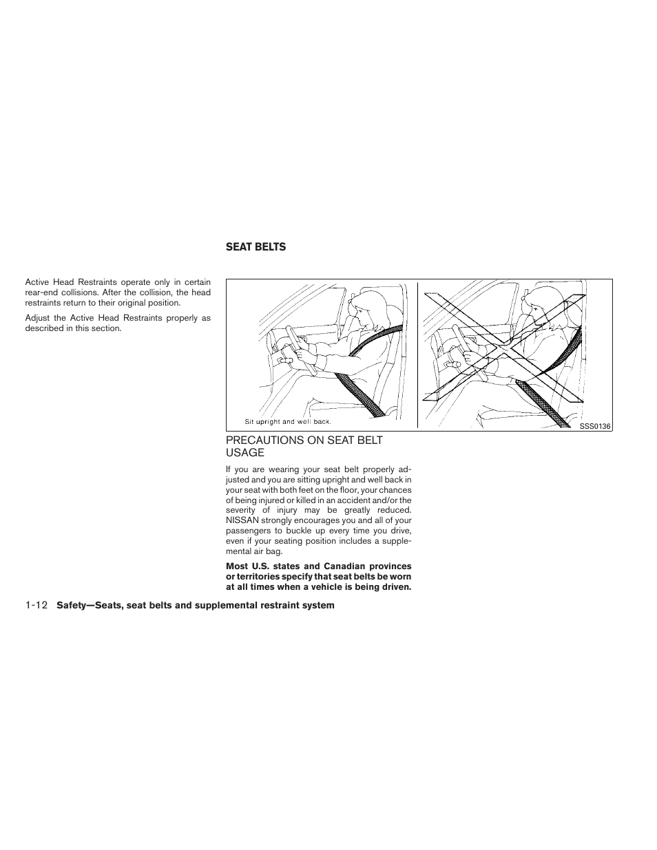 Seat belts -12, Precautions on seat belt usage -12 | NISSAN 2013 Altima Coupe - Owner's Manual User Manual | Page 29 / 414