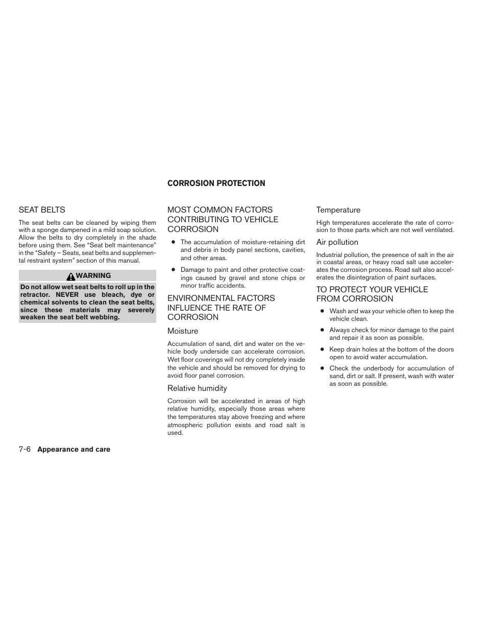 Seat belts -6, Corrosion protection -6 | NISSAN 2013 Altima Coupe - Owner's Manual User Manual | Page 329 / 414