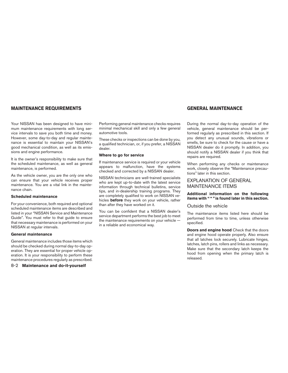 Maintenance requirements -2 general maintenance -2, Explanation of general maintenance items -2 | NISSAN 2013 Altima Coupe - Owner's Manual User Manual | Page 333 / 414