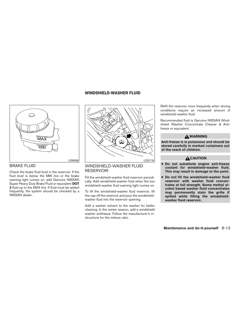 Brake fluid -13, Windshield-washer fluid -13, Windshield-washer fluid reservoir -13 | NISSAN 2013 Altima Coupe - Owner's Manual User Manual | Page 344 / 414