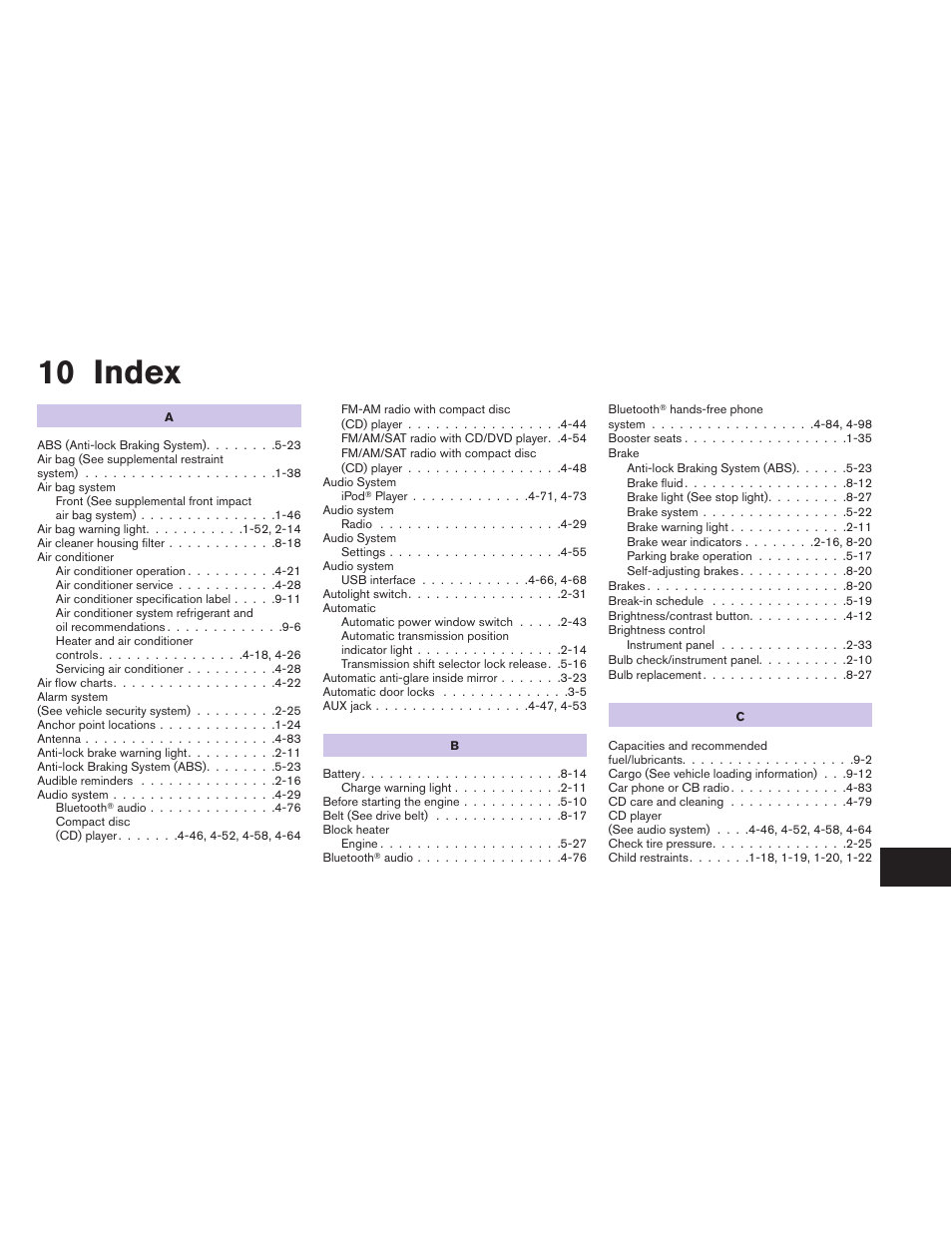 Index, 10 index | NISSAN 2013 Altima Coupe - Owner's Manual User Manual | Page 406 / 414