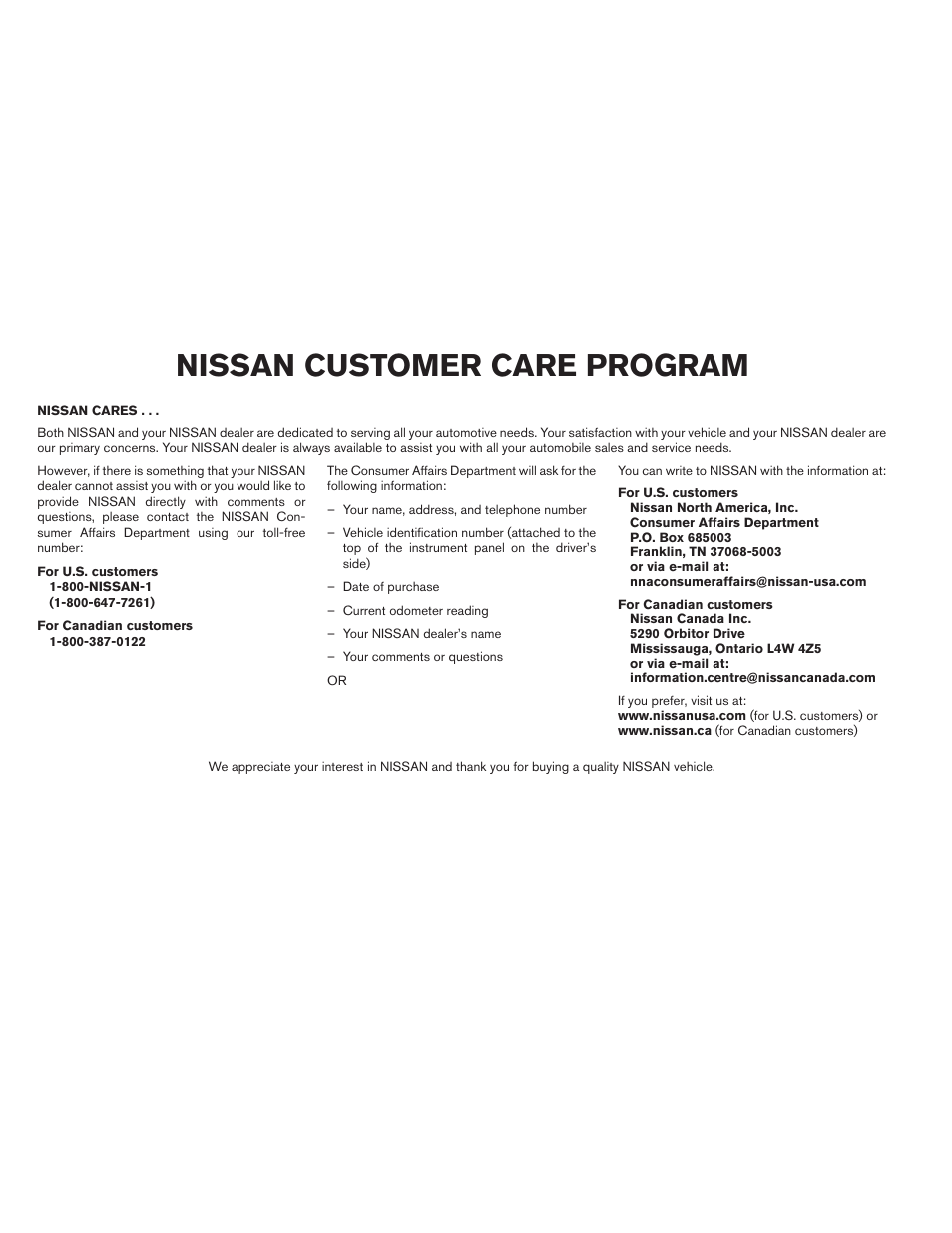 Nissan customer care program | NISSAN 2013 Altima Coupe - Owner's Manual User Manual | Page 5 / 414