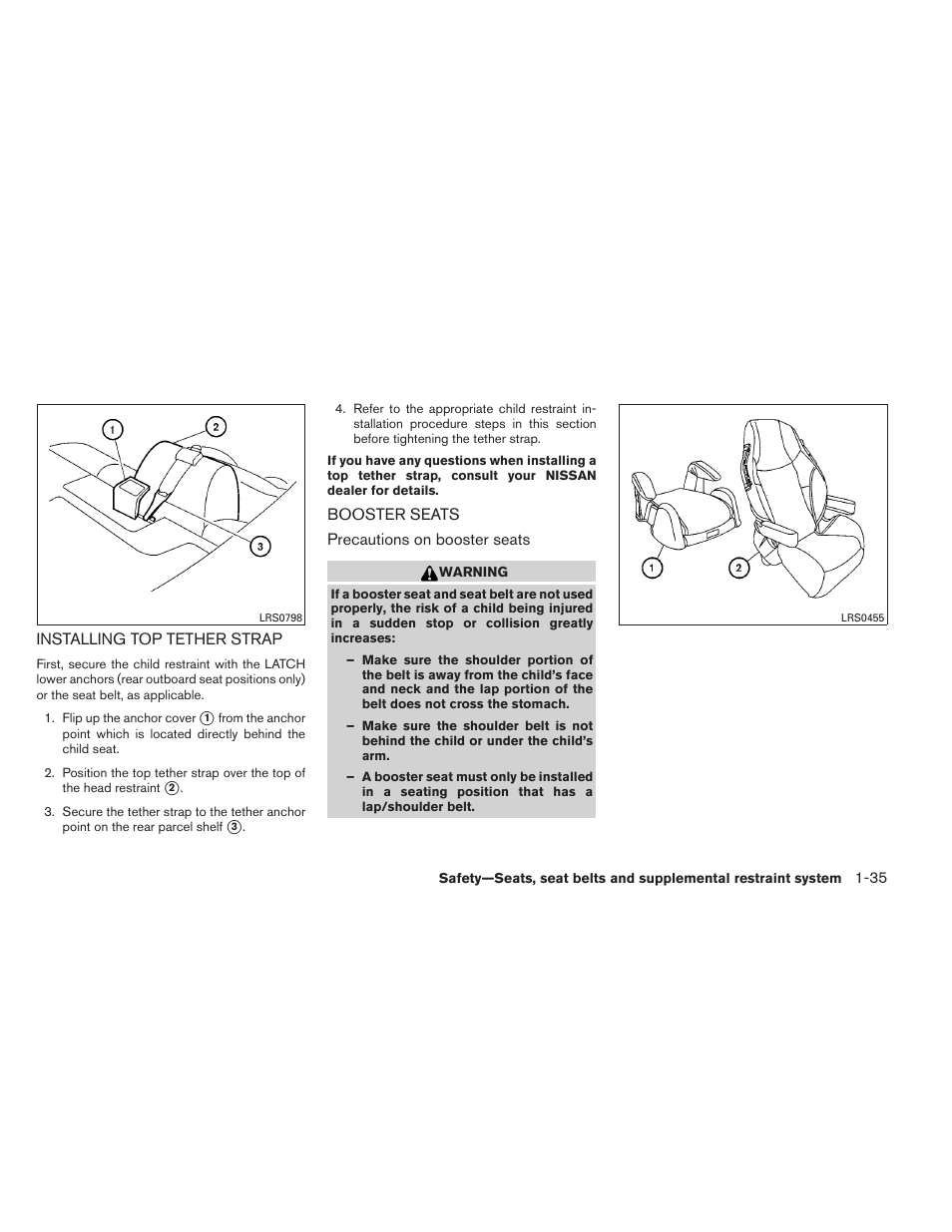 Installing top tether strap -35 booster seats -35 | NISSAN 2013 Altima Coupe - Owner's Manual User Manual | Page 52 / 414