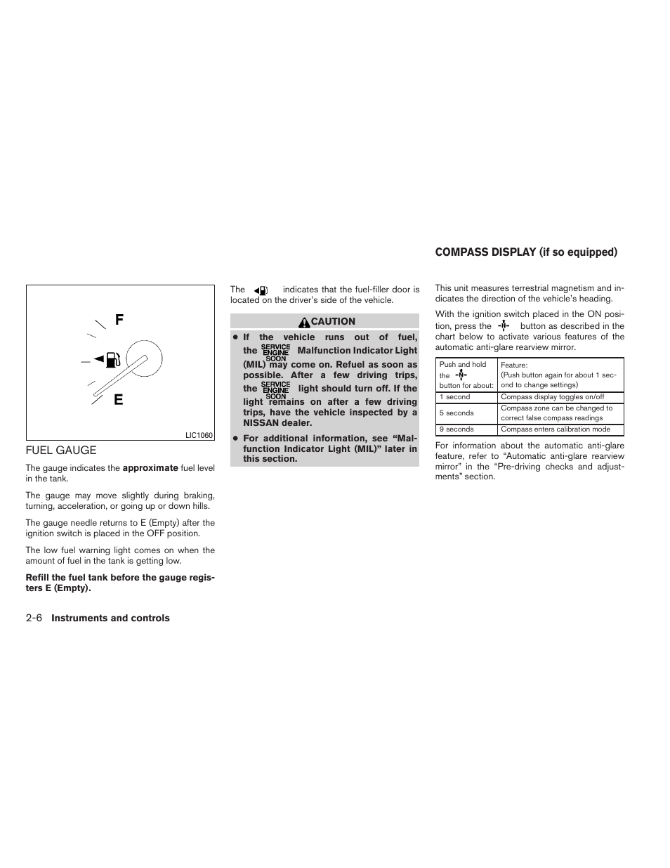 Fuel gauge -6, Compass display (if so equipped) -6, Fuel gauge | Compass display (if so equipped) | NISSAN 2013 Altima Coupe - Owner's Manual User Manual | Page 77 / 414