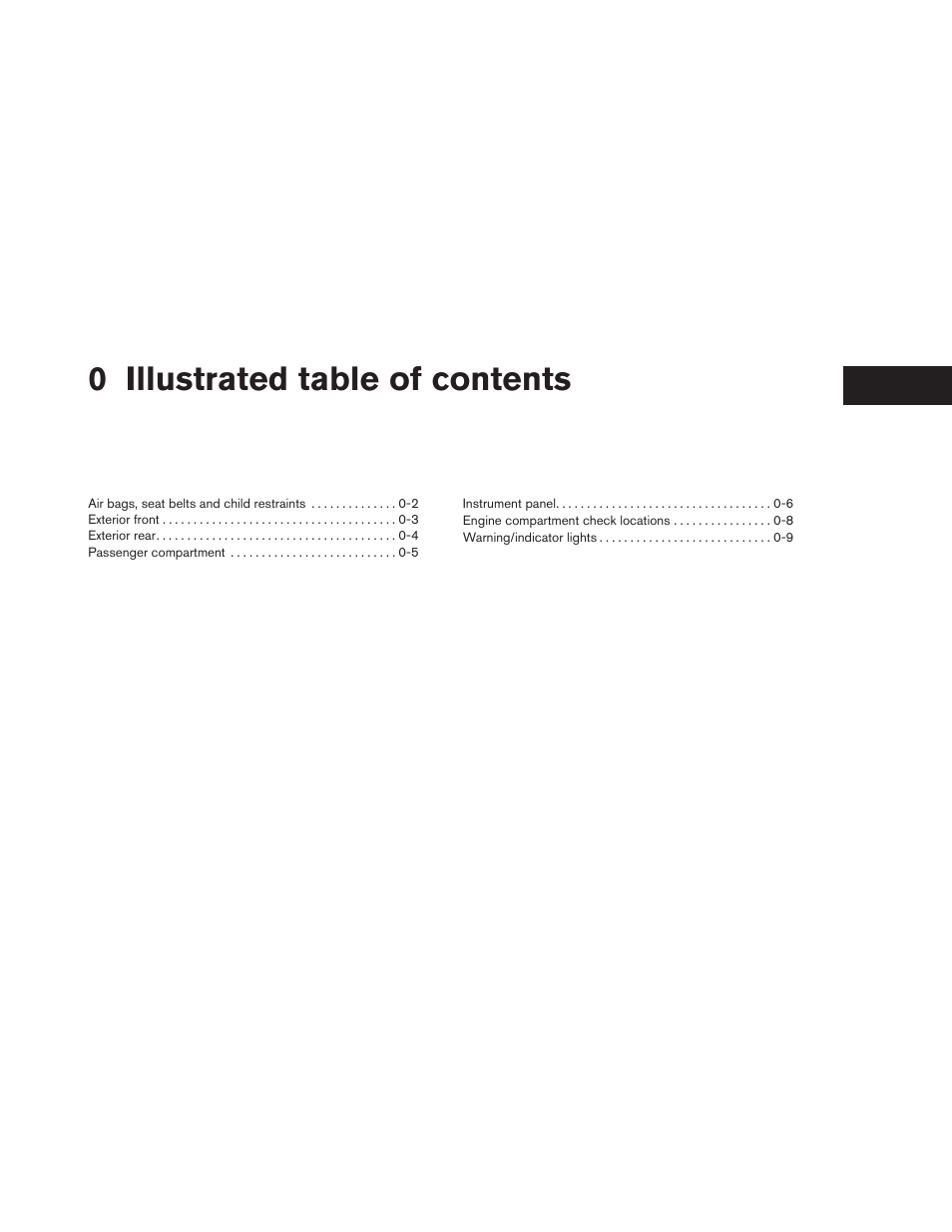 Illustrated table of contents, 0 illustrated table of contents | NISSAN 2013 Altima Coupe - Owner's Manual User Manual | Page 8 / 414