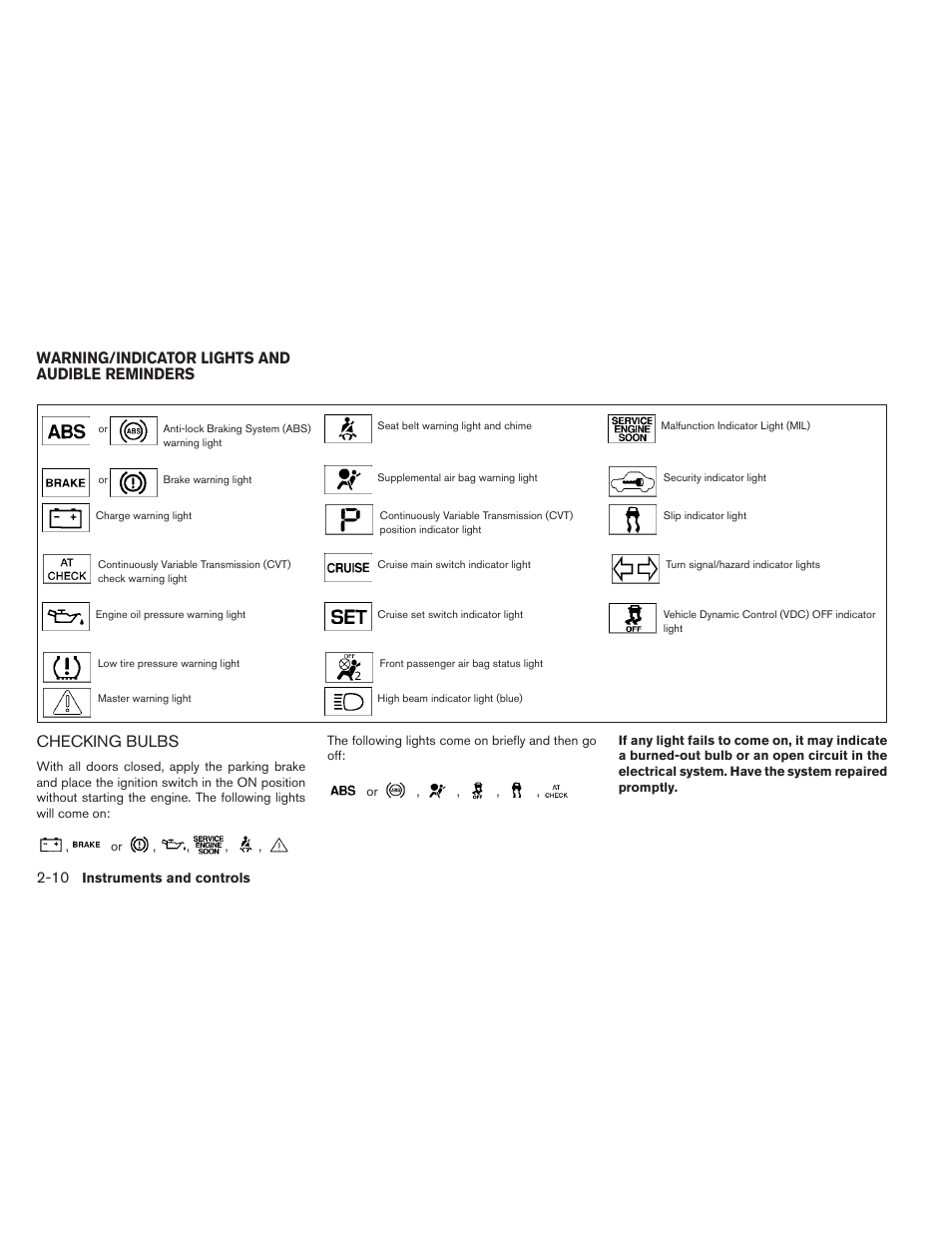 Warning/indicator lights and audible reminders -10, Checking bulbs -10, Checking bulbs | Warning/indicator lights and audible reminders | NISSAN 2013 Altima Coupe - Owner's Manual User Manual | Page 81 / 414