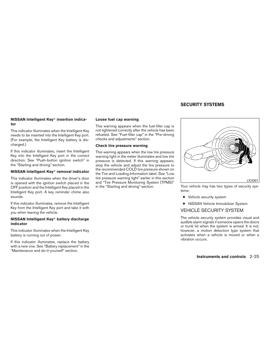 Security systems -25, Vehicle security system -25 | NISSAN 2013 Altima Coupe - Owner's Manual User Manual | Page 96 / 414