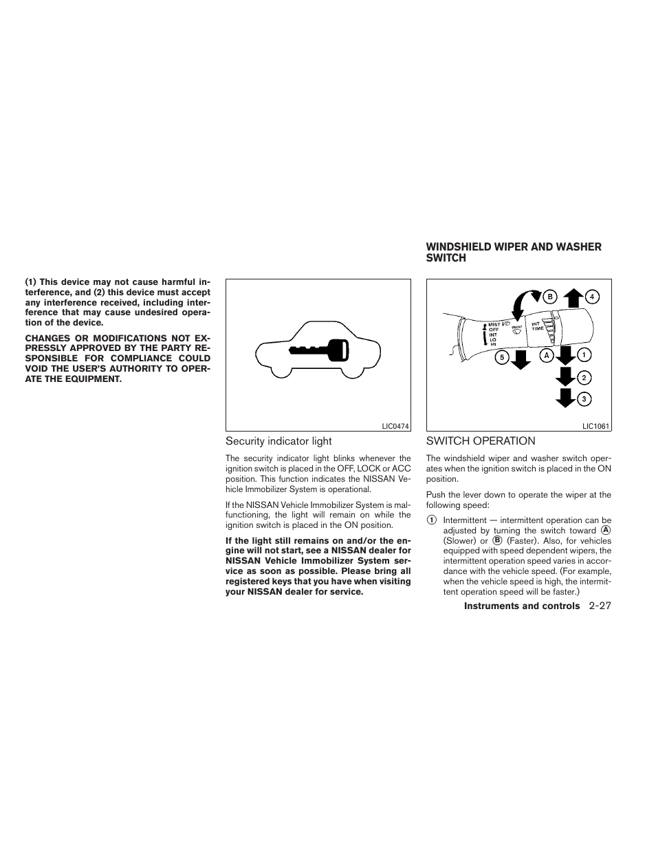 Windshield wiper and washer switch -27, Switch operation -27 | NISSAN 2013 Altima Coupe - Owner's Manual User Manual | Page 98 / 414