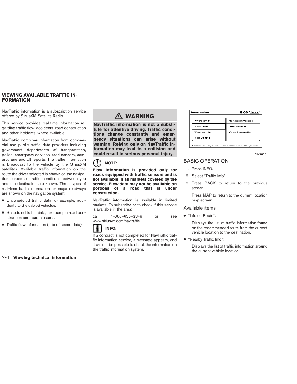 Viewing available traffic information -4, Basic operation -4, Warning | NISSAN 2013 Altima Coupe - Navigation System Owner's Manual User Manual | Page 189 / 310