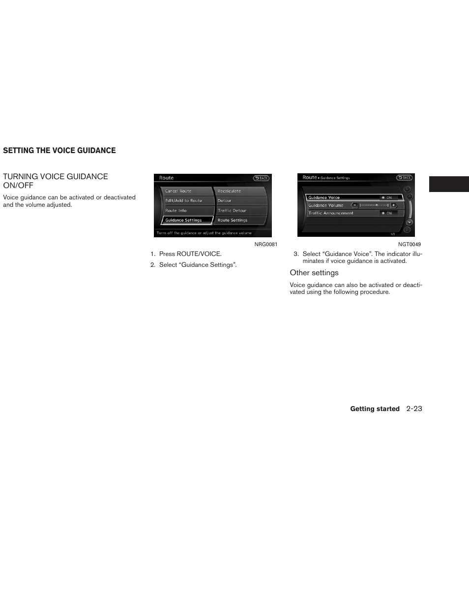 Setting the voice guidance -23, Turning voice guidance on/off -23 | NISSAN 2013 Altima Coupe - Navigation System Owner's Manual User Manual | Page 30 / 310