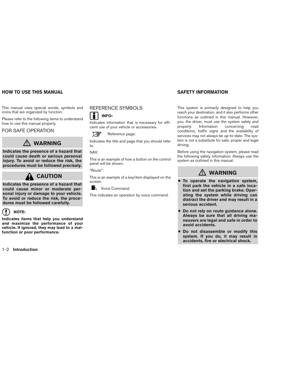 How to use this manual -2, For safe operation -2 reference symbols -2, Safety information -2 | Warning, Caution | NISSAN 2013 Altima Coupe - Navigation System Owner's Manual User Manual | Page 5 / 310