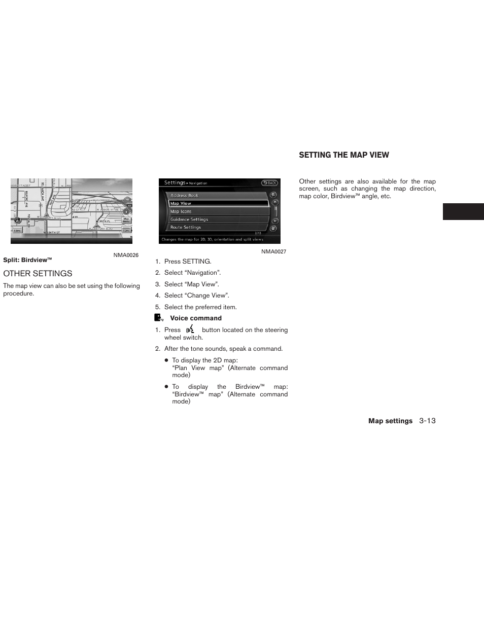 Other settings -13, Setting the map view -13 | NISSAN 2013 Altima Coupe - Navigation System Owner's Manual User Manual | Page 58 / 310