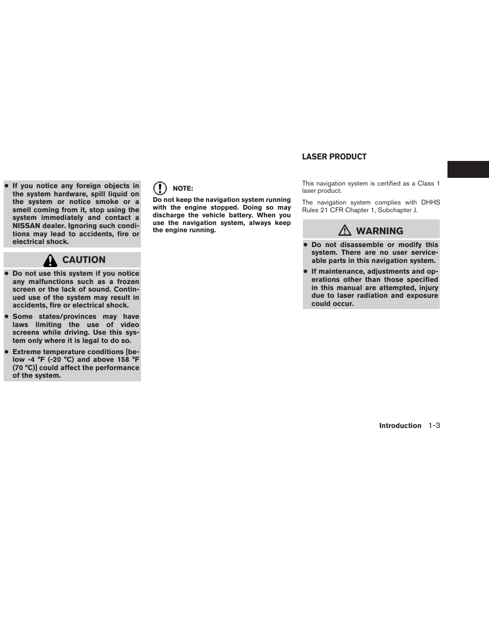 Laser product -3, Caution, Warning | NISSAN 2013 Altima Coupe - Navigation System Owner's Manual User Manual | Page 6 / 310