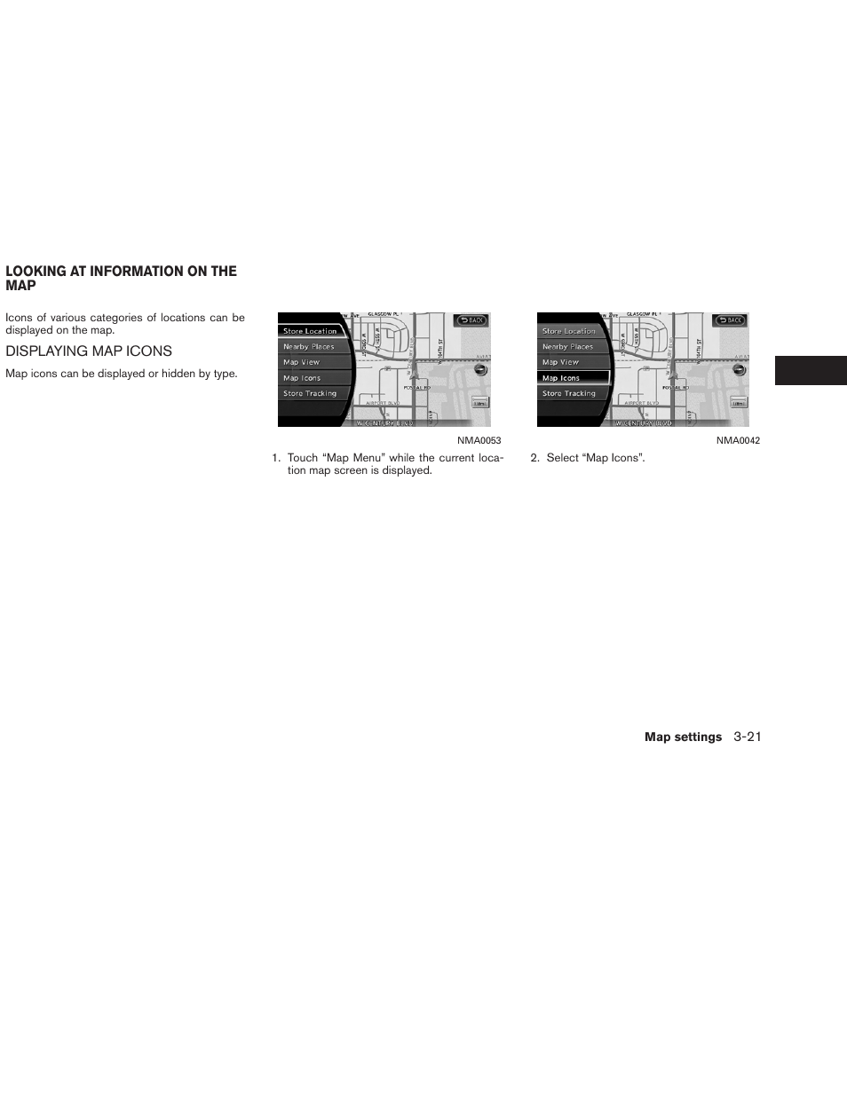 Looking at information on the map -21, Displaying map icons -21 | NISSAN 2013 Altima Coupe - Navigation System Owner's Manual User Manual | Page 66 / 310