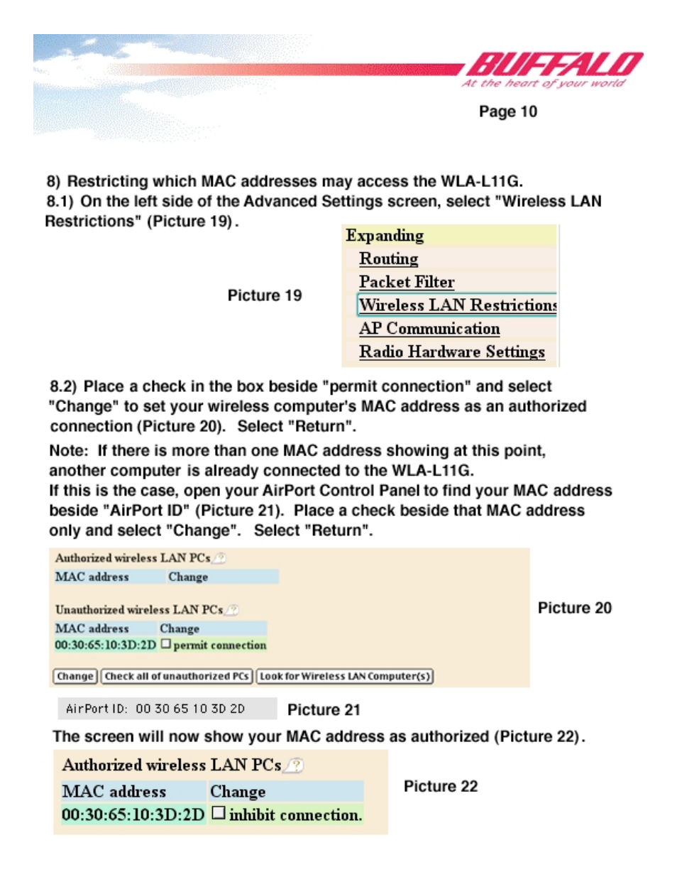 Mac addiess change picture 22 | Buffalo Technology WLA-L11G User Manual | Page 12 / 29