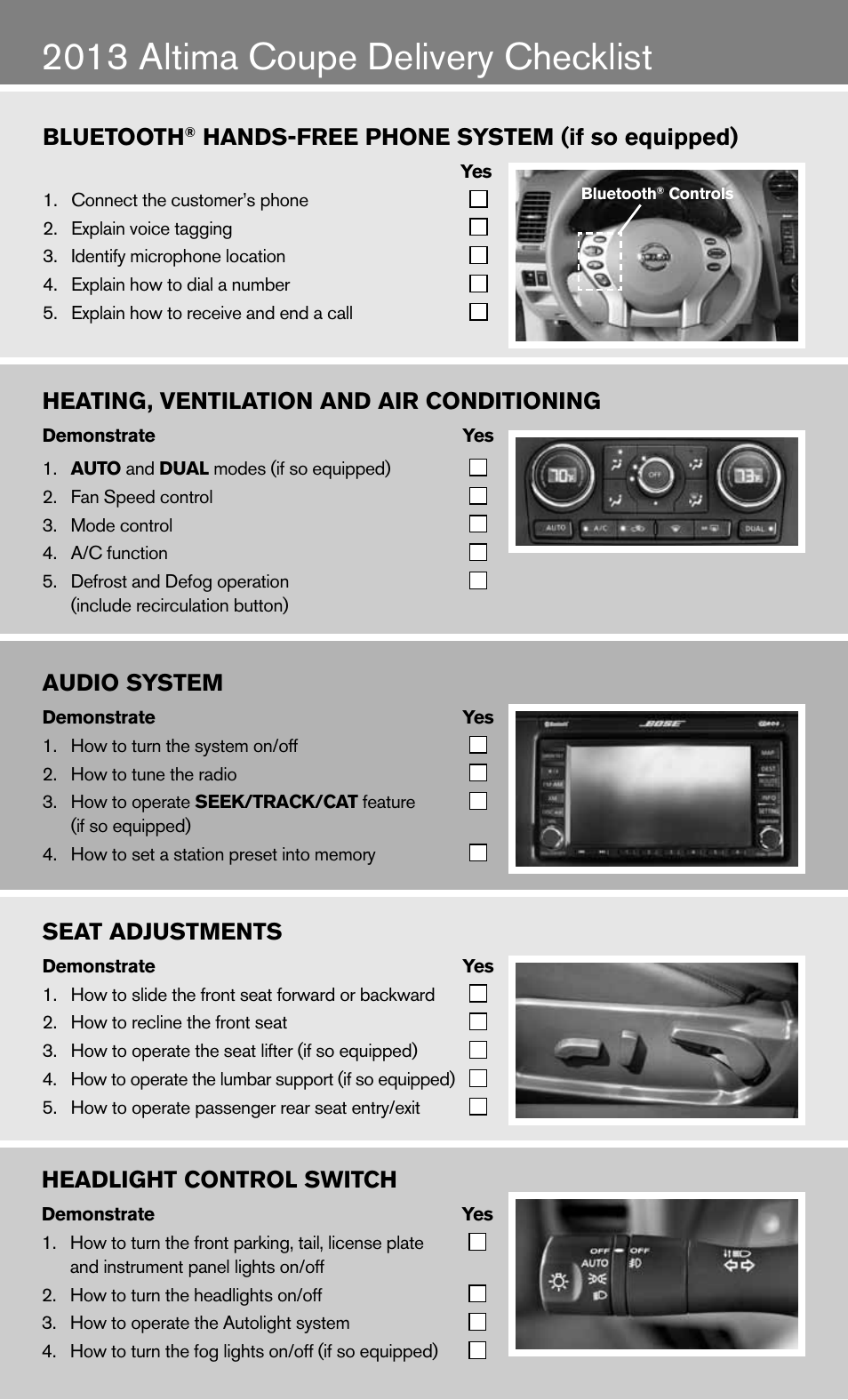 2013 altima coupe delivery checklist, Bluetooth, Hands-free phone system (if so equipped) | Heating, ventilation and air conditioning, Audio system, Seat adjustments, Headlight control switch | NISSAN 2013 Altima Coupe - Quick Reference Guide User Manual | Page 12 / 26