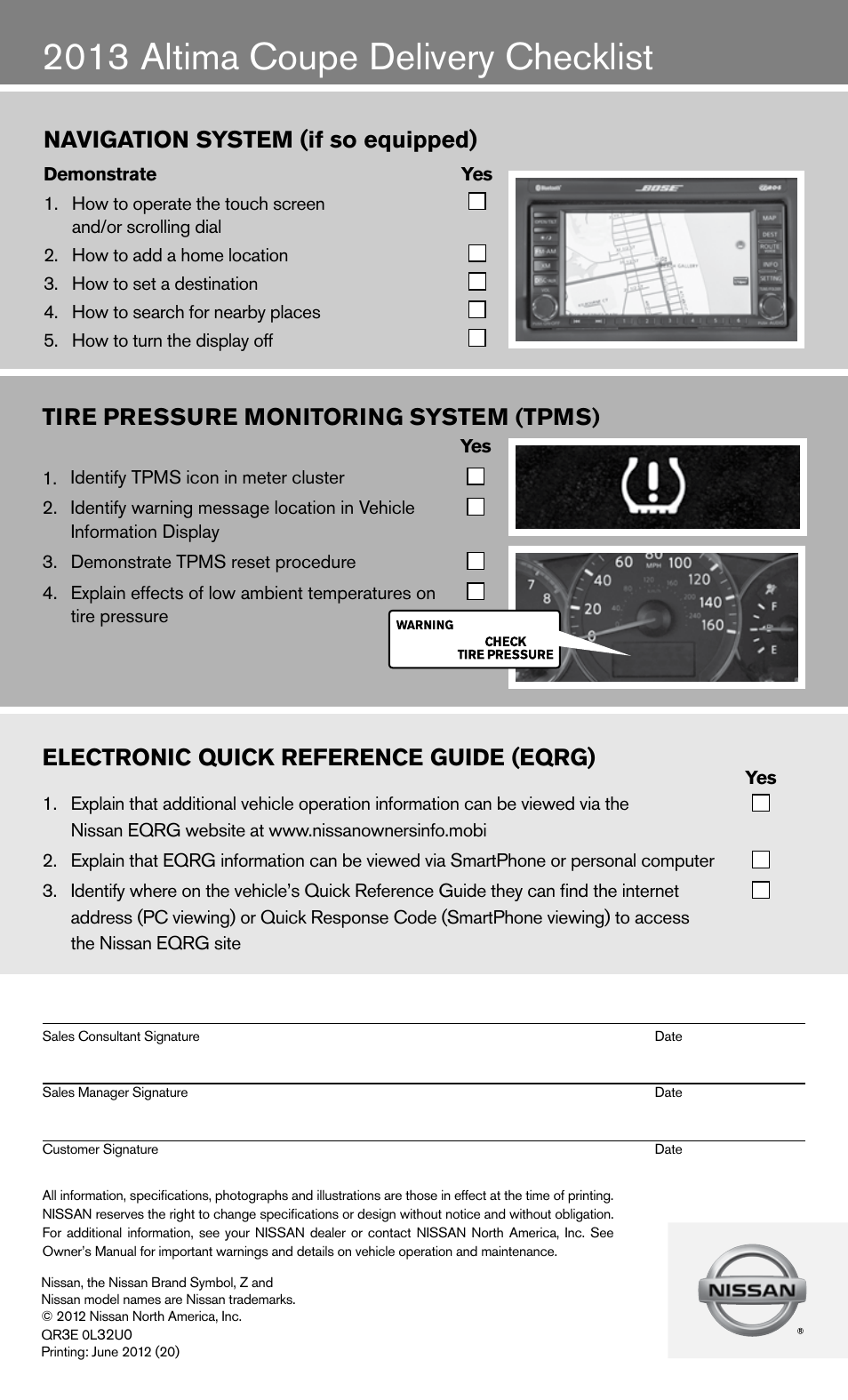 2013 altima coupe delivery checklist, Navigation system (if so equipped), Tire pressure monitoring system (tpms) | Electronic quick reference guide (eqrg) | NISSAN 2013 Altima Coupe - Quick Reference Guide User Manual | Page 13 / 26