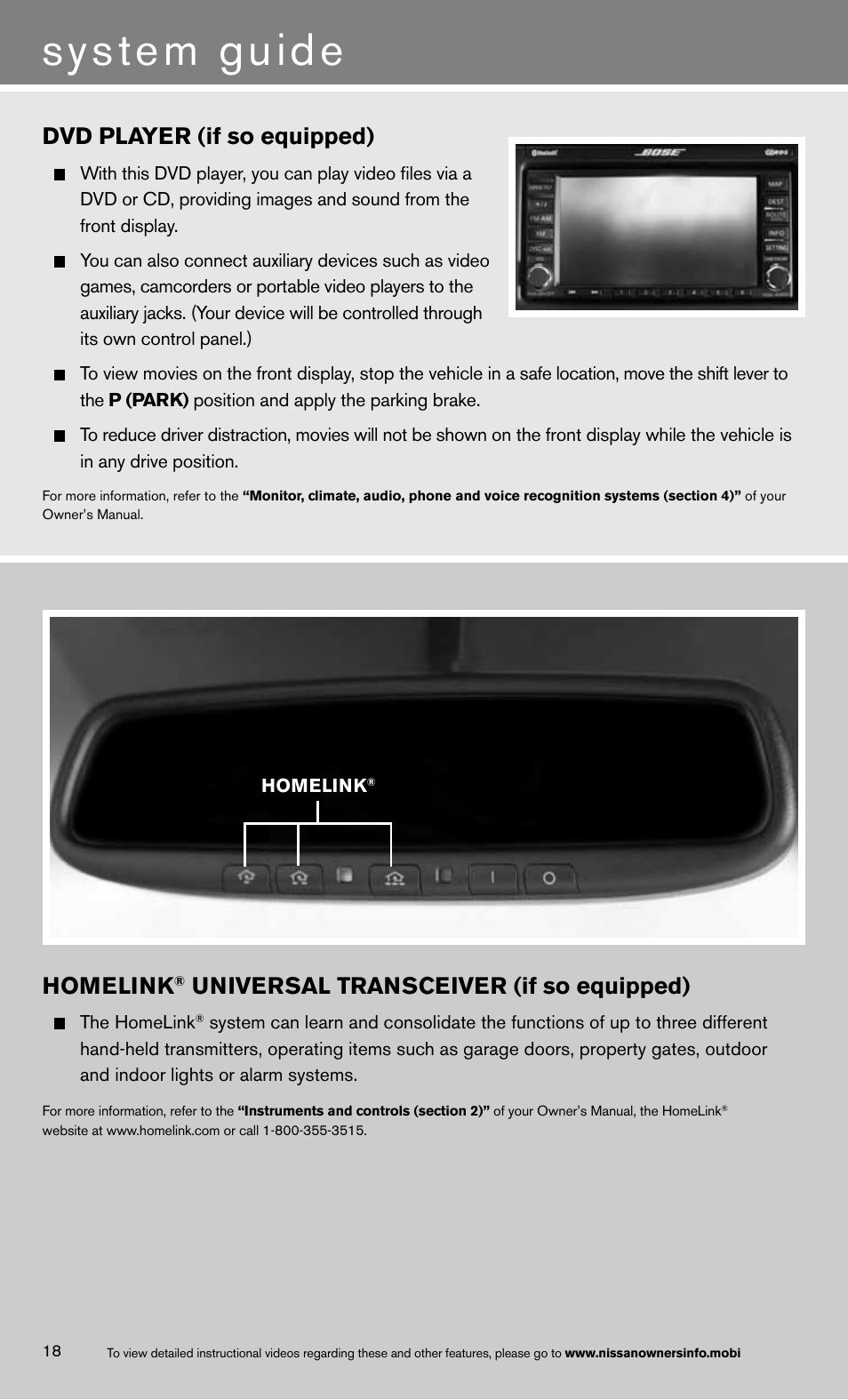 System guide, Homelink, Universal transceiver (if so equipped) | Dvd player (if so equipped) | NISSAN 2013 Altima Coupe - Quick Reference Guide User Manual | Page 22 / 26