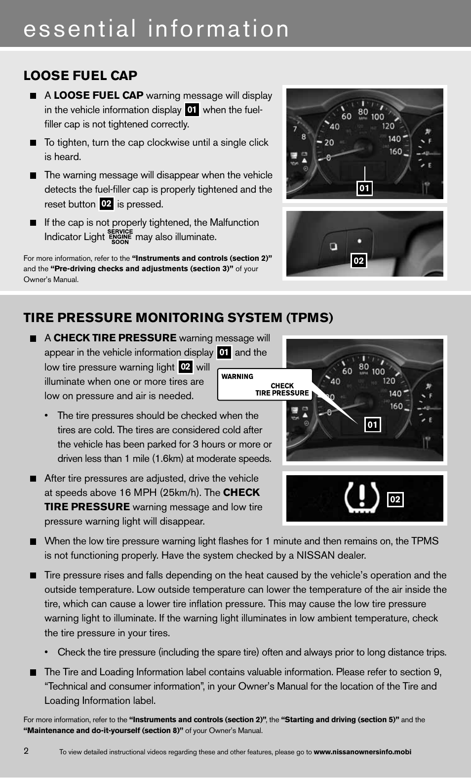 Essential information, Loose fuel cap, Tire pressure monitoring system (tpms) | NISSAN 2013 Altima Coupe - Quick Reference Guide User Manual | Page 4 / 26