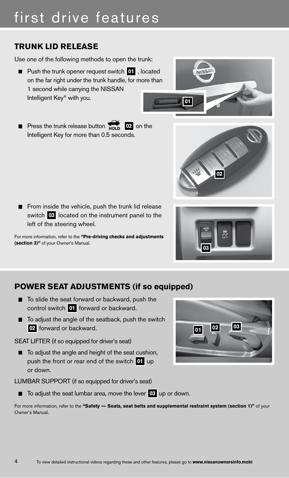 First drive features, Power seat adjustments (if so equipped), Trunk lid release | NISSAN 2013 Altima Coupe - Quick Reference Guide User Manual | Page 6 / 26