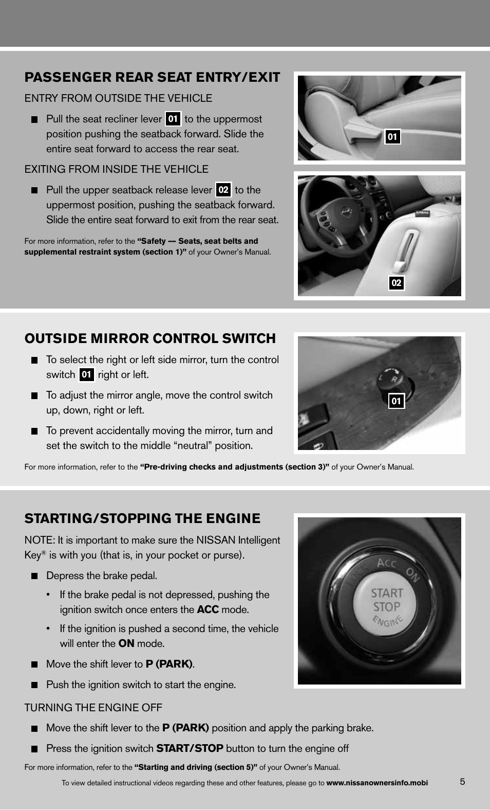 Outside mirror control switch, Passenger rear seat entry/exit, Starting/stopping the engine | NISSAN 2013 Altima Coupe - Quick Reference Guide User Manual | Page 7 / 26