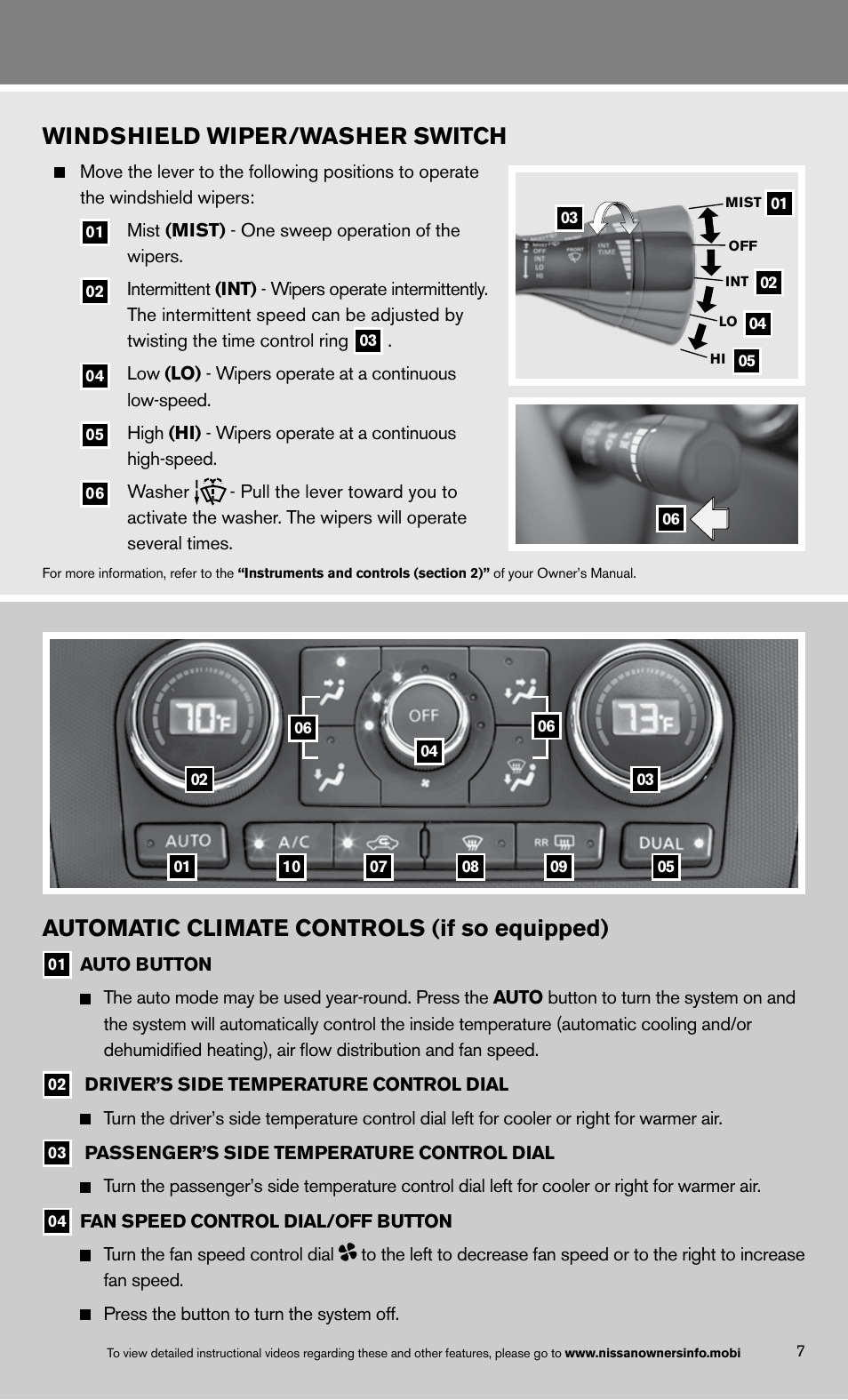 Automatic climate controls (if so equipped), Windshield wiper/washer switch | NISSAN 2013 Altima Coupe - Quick Reference Guide User Manual | Page 9 / 26