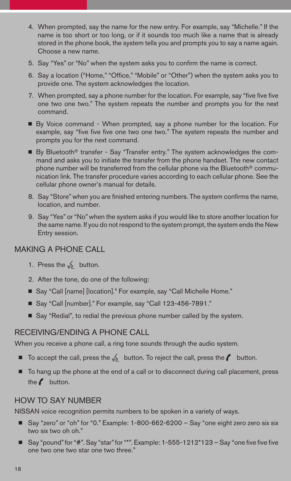 Making a phone call, Receiving/ending a phone call, How to say number | NISSAN 2008 Altima Hybrid - Quick Reference Guide User Manual | Page 20 / 34