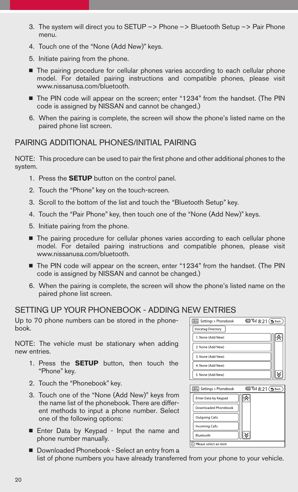 Pairing additional phones/initial pairing, Setting up your phonebook - adding new entries | NISSAN 2008 Altima Hybrid - Quick Reference Guide User Manual | Page 22 / 34