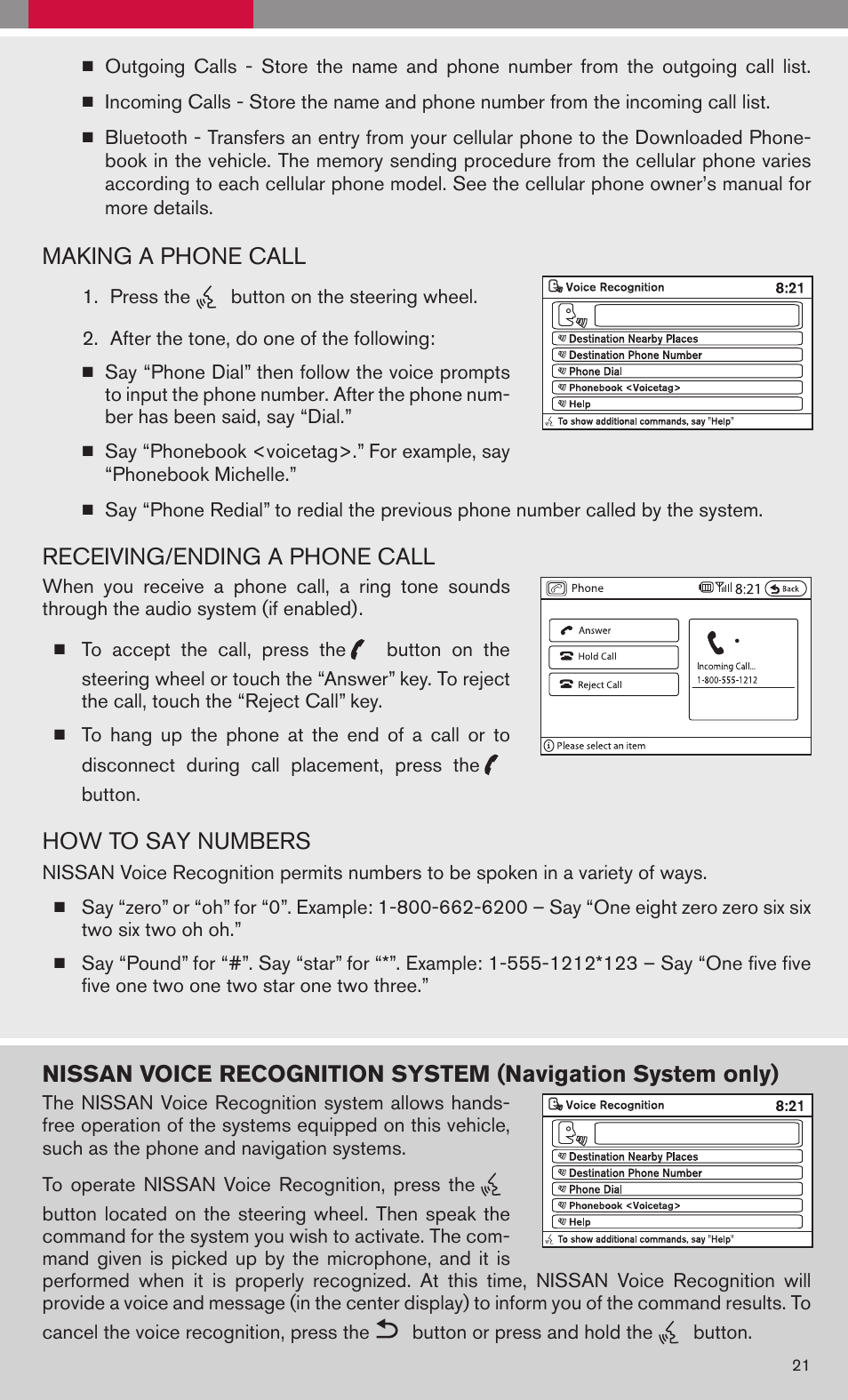 Making a phone call, Receiving/ending a phone call, How to say numbers | NISSAN 2008 Altima Hybrid - Quick Reference Guide User Manual | Page 23 / 34