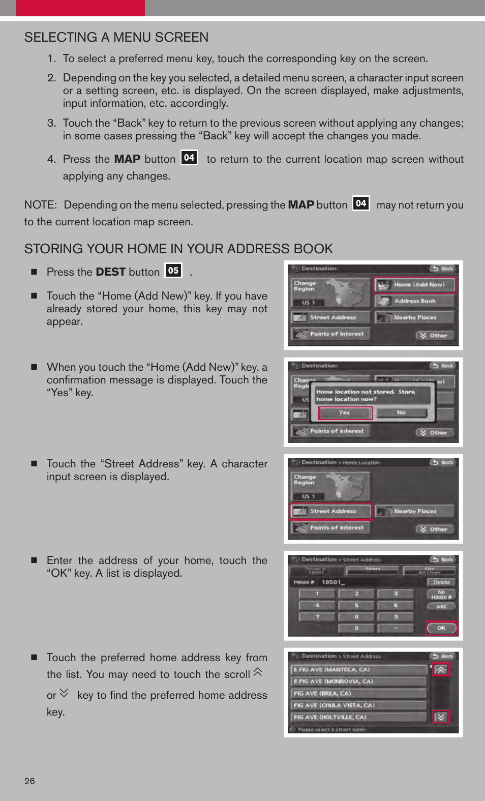 Selecting a menu screen, Storing your home in your address book | NISSAN 2008 Altima Hybrid - Quick Reference Guide User Manual | Page 28 / 34