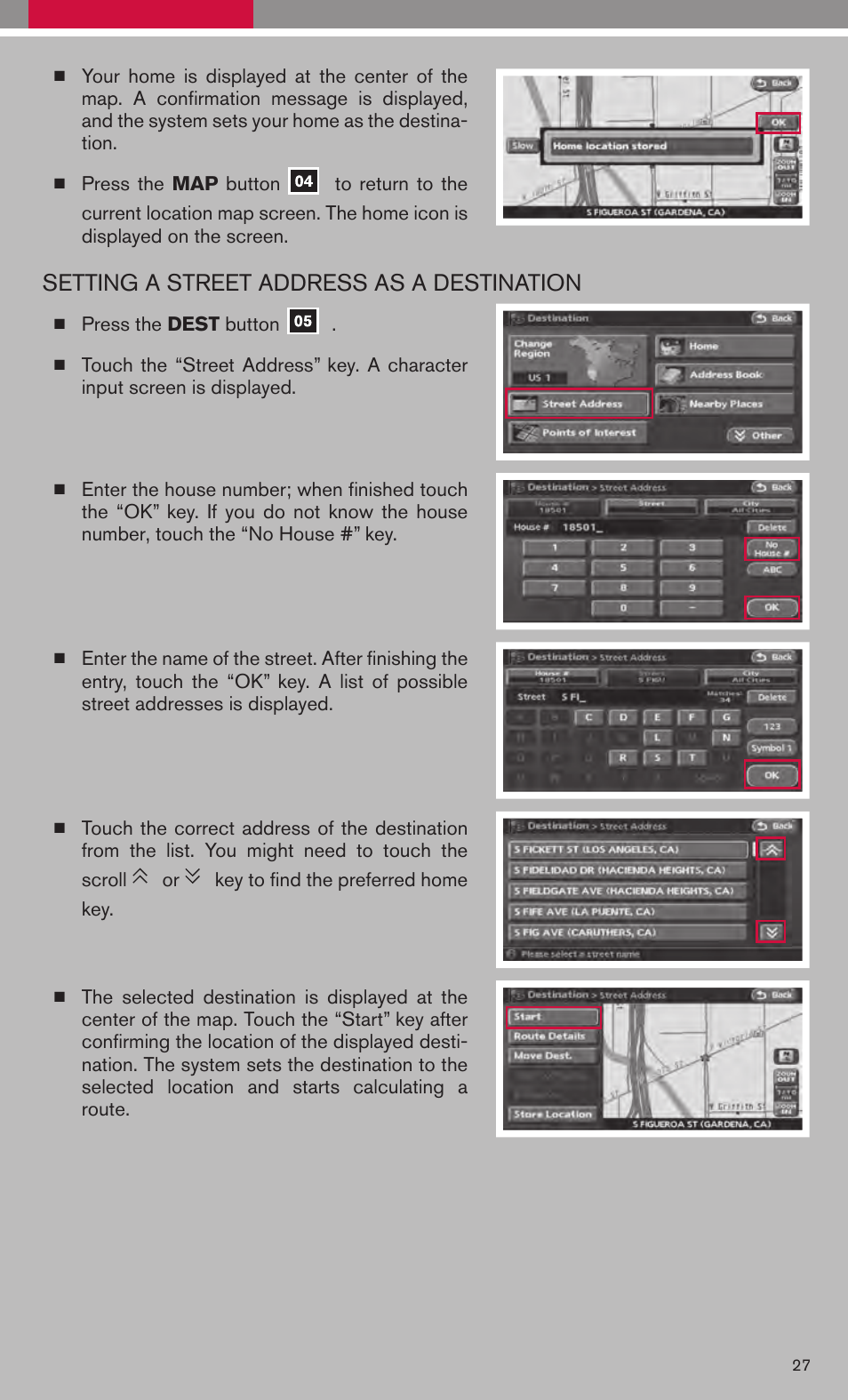 Setting a street address as a destination | NISSAN 2008 Altima Hybrid - Quick Reference Guide User Manual | Page 29 / 34