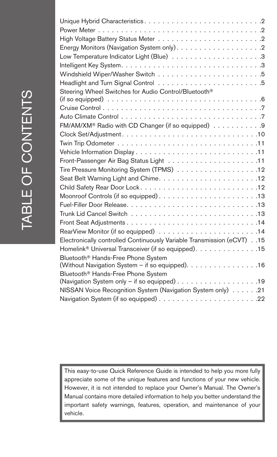 NISSAN 2008 Altima Hybrid - Quick Reference Guide User Manual | Page 3 / 34