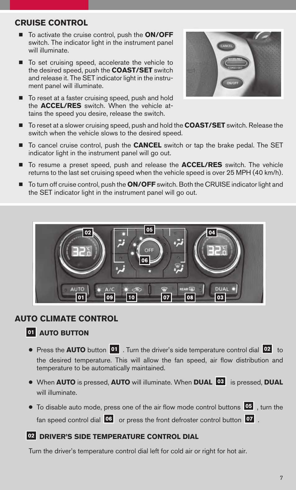 Cruise control, Auto climate control | NISSAN 2008 Altima Hybrid - Quick Reference Guide User Manual | Page 9 / 34